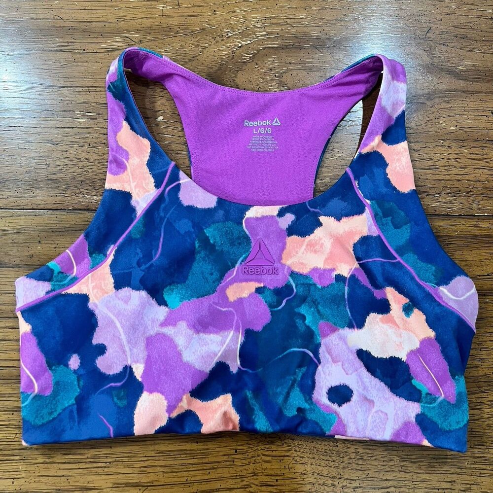 Reebok Strappy Sports Bra Large Womens Pink Orange Blue Abstract Gym Crop Top